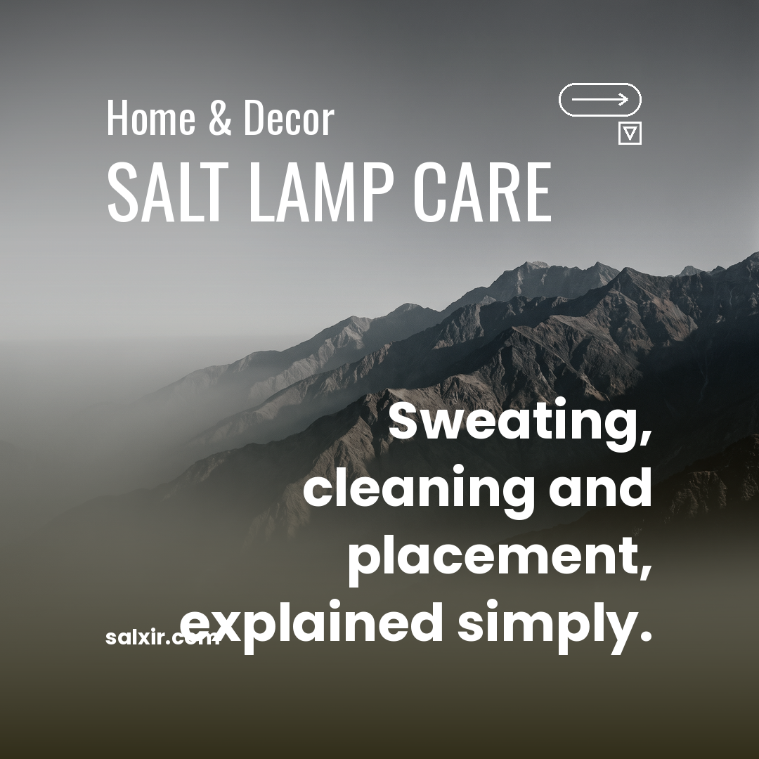 Soft dawn light over a quiet landscape beside the words Salt Lamp Care