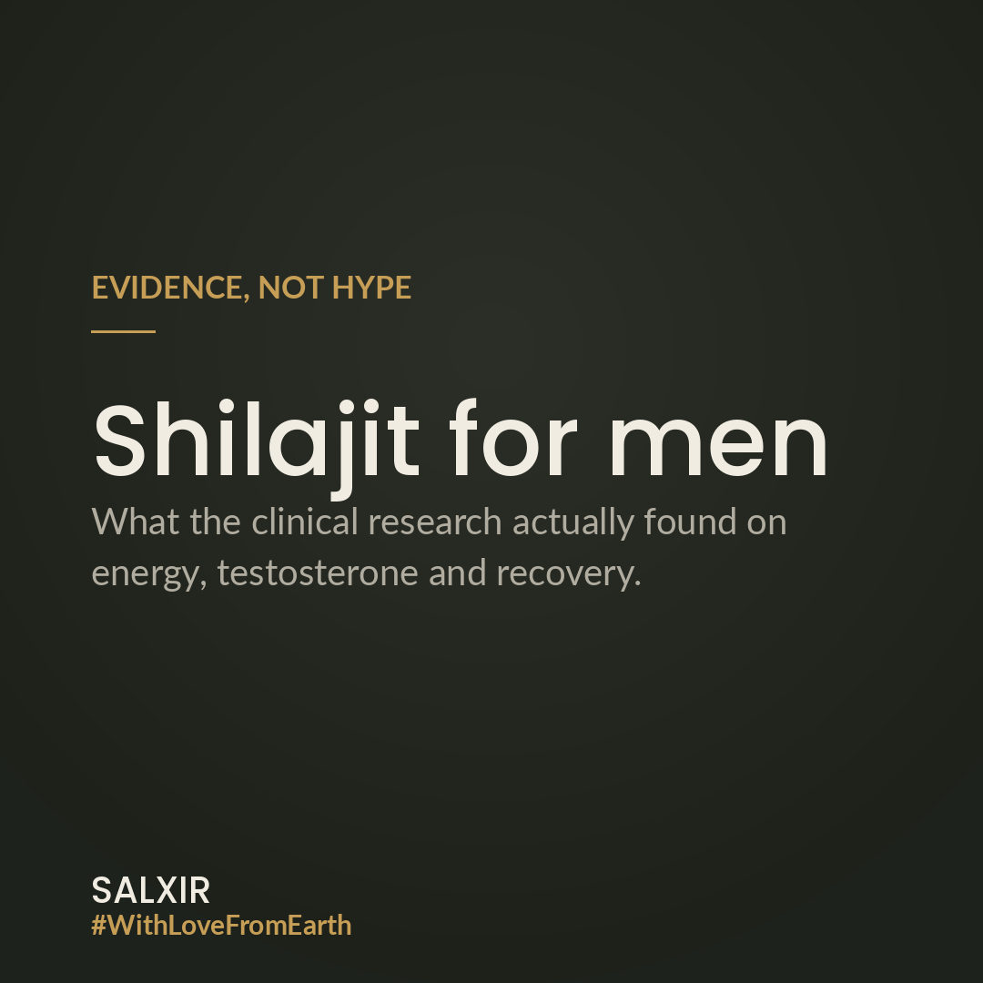 A dark green Salxir card with the words Evidence not hype above the heading Shilajit for men